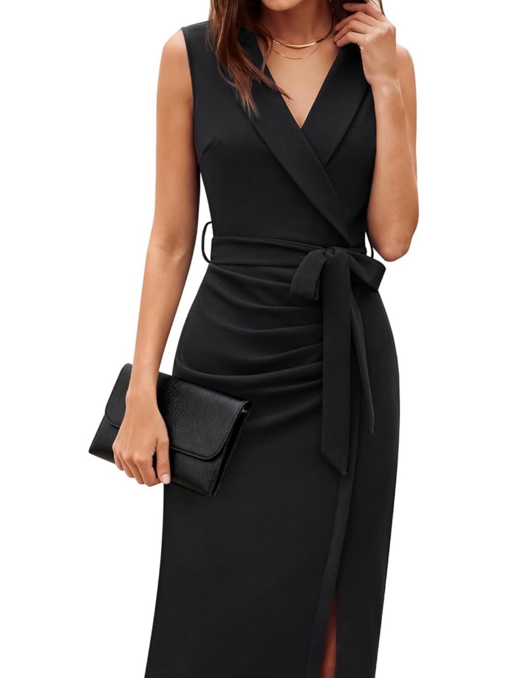 Grace Karin Black Sleeveless Wrap Midi Dress with Waist Tie